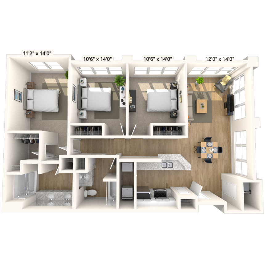 Floor plan for 3 beds, 2 baths, 1377 sqft